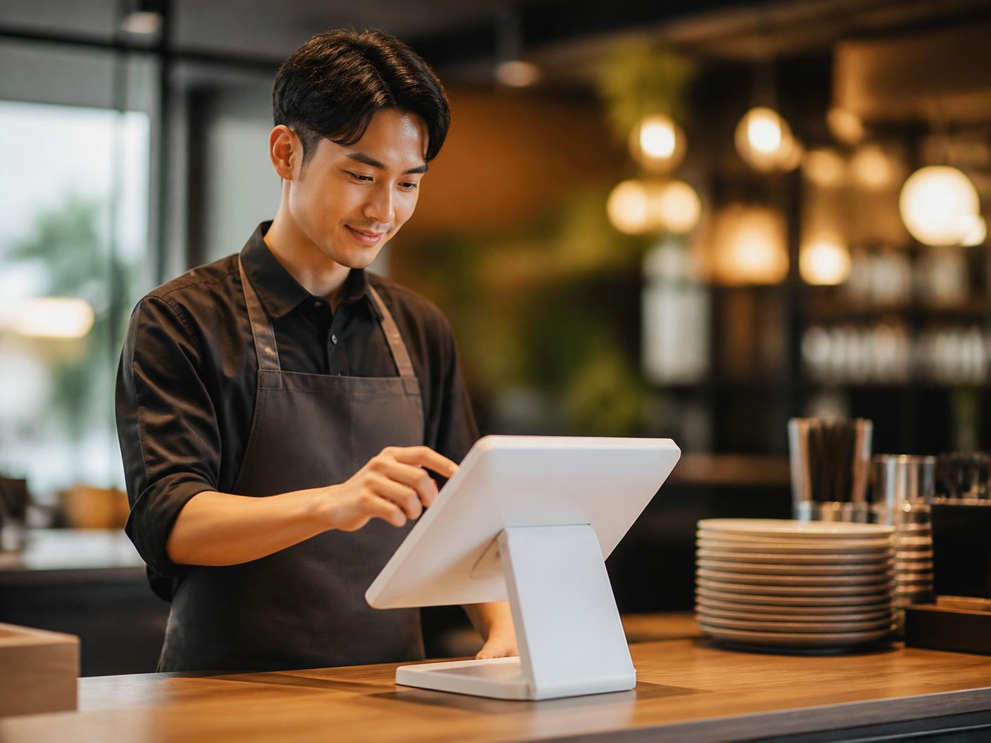 Restaurant staff member taking an order on a countertop touchscreen point-of-sale station in a café