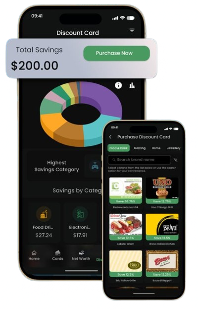 NetQual Discount Card mobile app showing savings and merchant categories