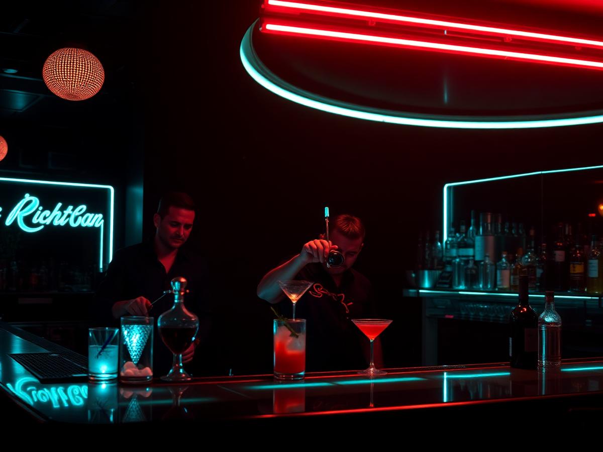 Bartender preparing cocktails in a neon-lit bar