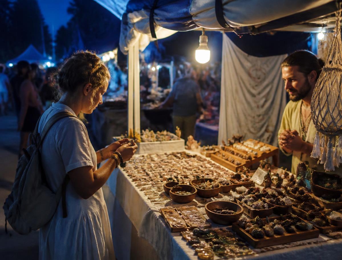 Shopper browsing an outdoor night market vendor stall lit by string lights