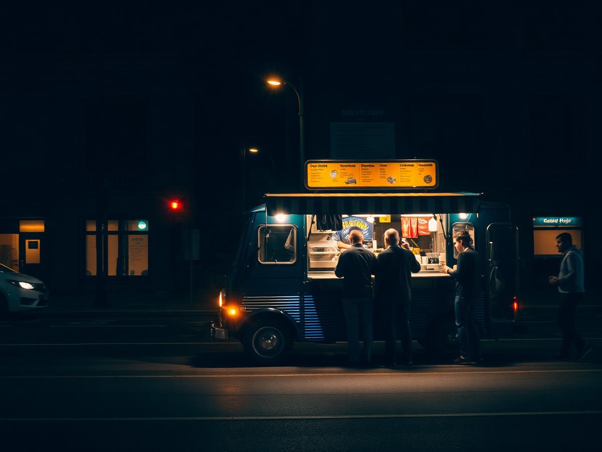 Food truck serving customers at night