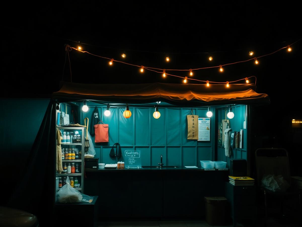 Night market pop-up vendor stall with string lights