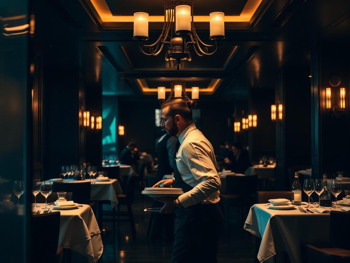 Server carrying plates in an upscale restaurant dining room