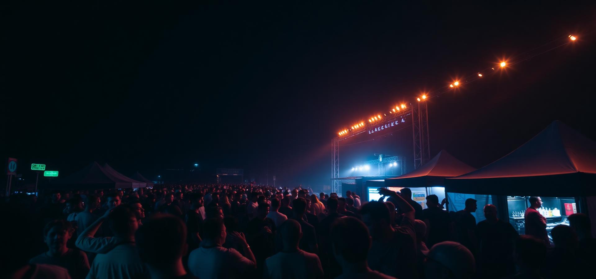 Crowd at a live event venue at night with vendor booths