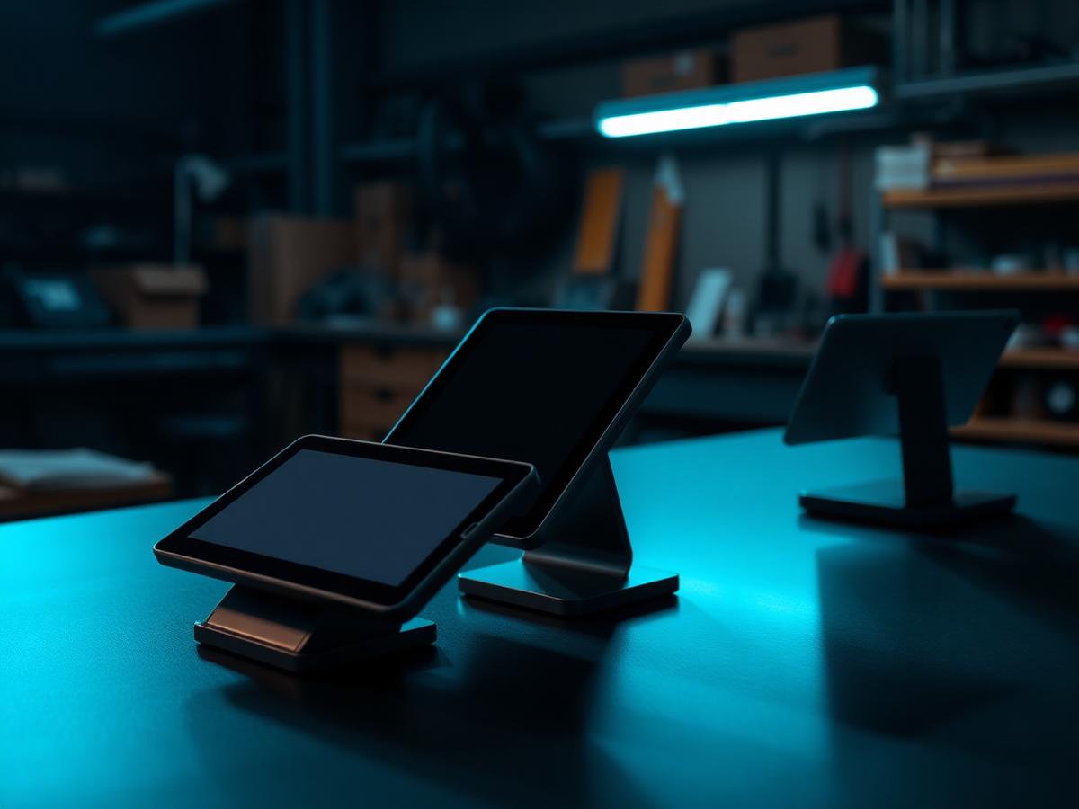 Mobile POS devices and countertop terminals arranged on a dark work surface