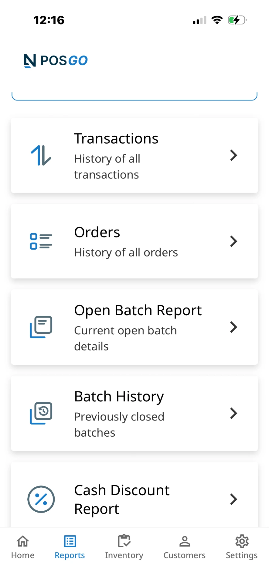 Netevia POS GO app showing transactions, orders, open batch report, batch history and cash discount report