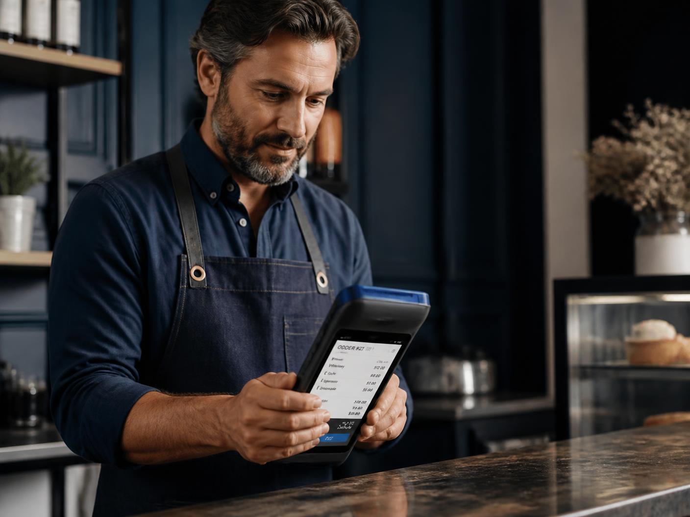 Business owner reviewing orders and sales activity on a handheld mobile point-of-sale device