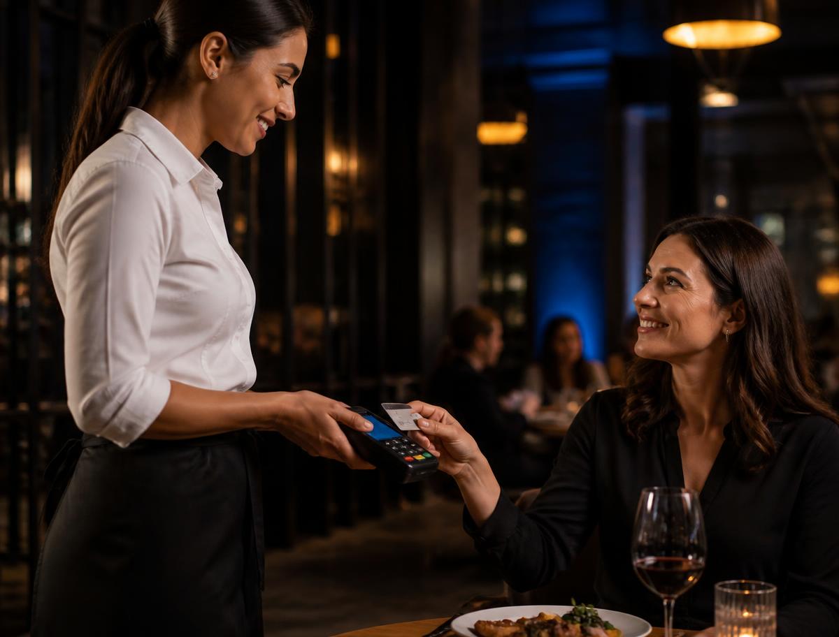 Restaurant server taking a payment tableside on a handheld terminal