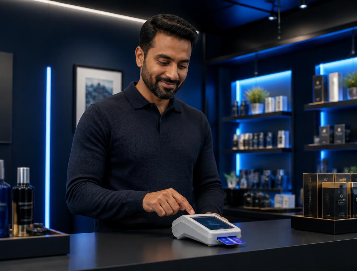 Shop owner using a countertop payment terminal
