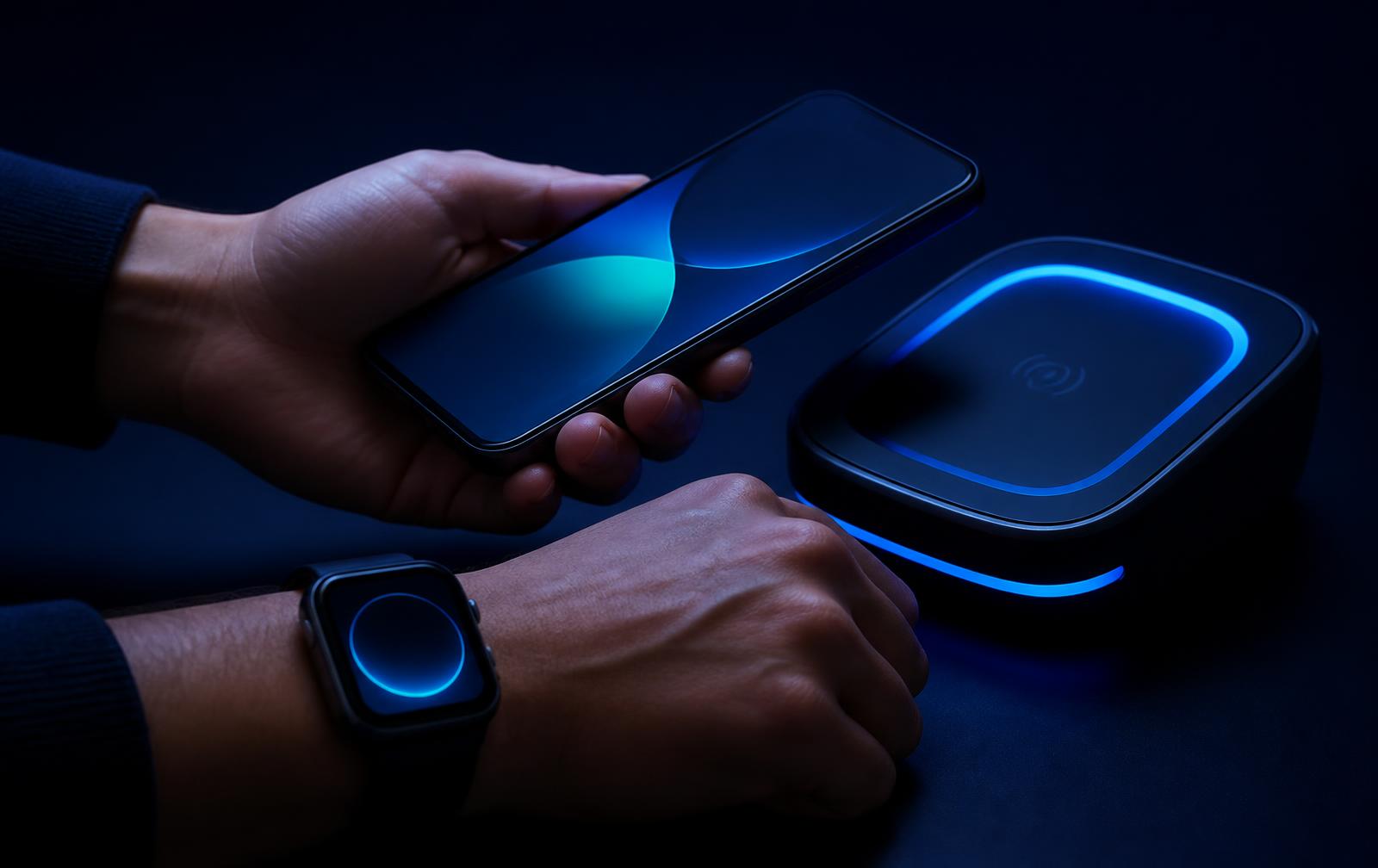 A smartphone and a smartwatch used for contactless payment at a payment reader